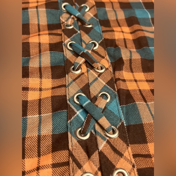 Always Indigo L.A. NWT women’s top blouse Size M Orange and turquoise checkered - Picture 3 of 12
